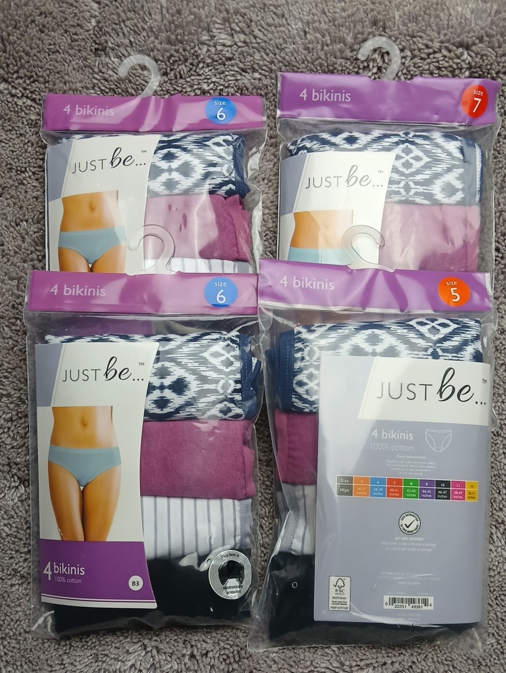 NWT Just Be Cotton Bikini Underwear 4 Pack Sizes 5,6 And 7